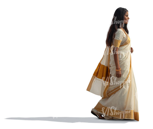 cut out indian woman in a traditional saree walking in side view