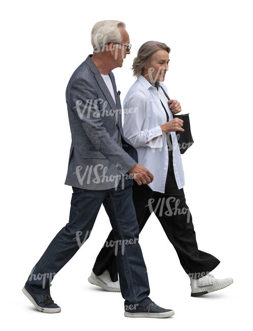 older man and woman walking together