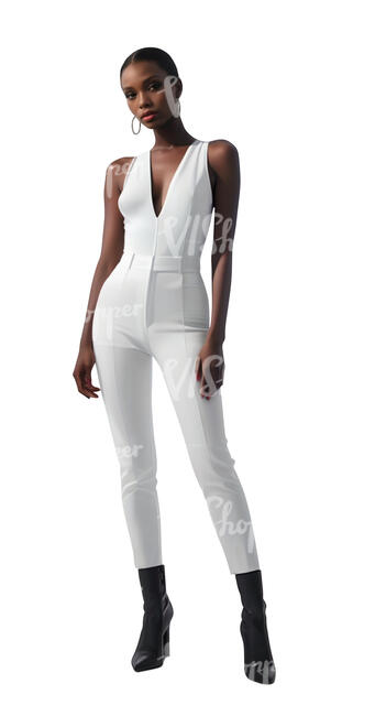 woman in a white bodysuit standing