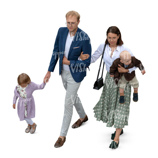 top view of a family with little children walking