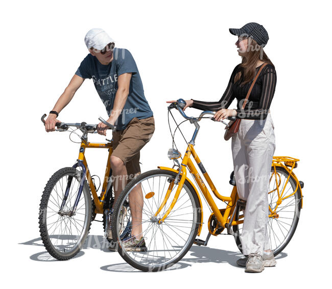 two young people with bikes standing and talking