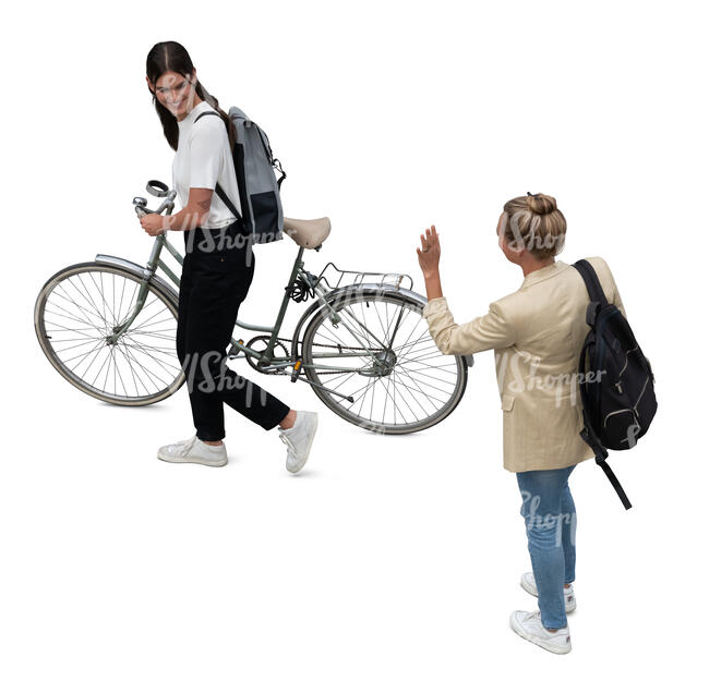 top view of a woman with a bike saying goodbye to a friend