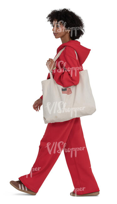 woman in a red jumpsuit walking