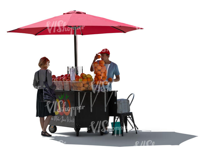 backlit scene of a woman buying fruit juice