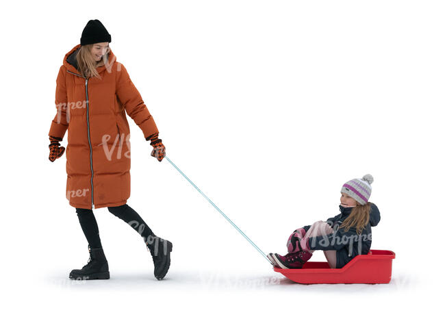 girl sitting on a sledge and mother pulling the sledge