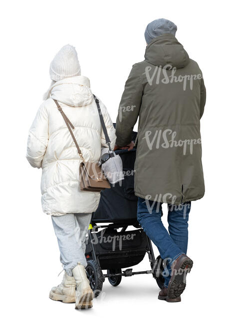 cut out family with a baby carriage walking in winter