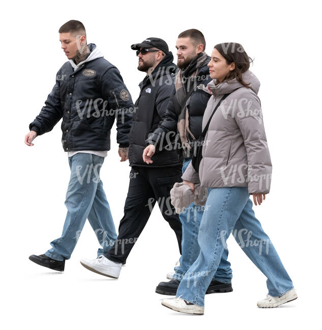 cut out group of young people walking in the street