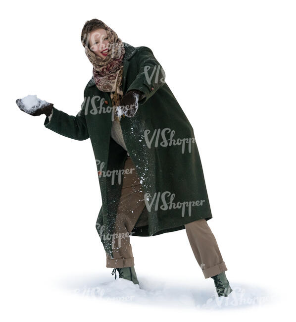 cut out woman throwing snowballs in winter