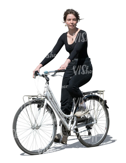 cut out woman in black clothing riding a bike