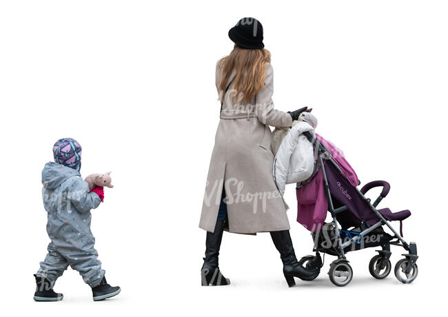 mother and son with a stroller walking in autumn