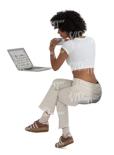 cut out woman sitting and reading smth from computer