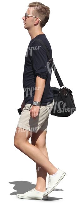 blond man with sunglasses walking and carrying a bag - VIShopper