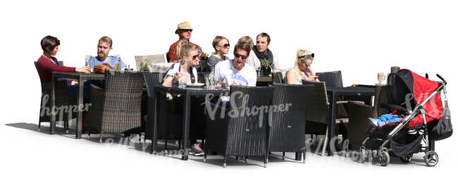 outdoor cafe scene with people eating and drinking 