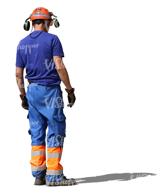 construction worker with helmet and headphones standing - cut out ...