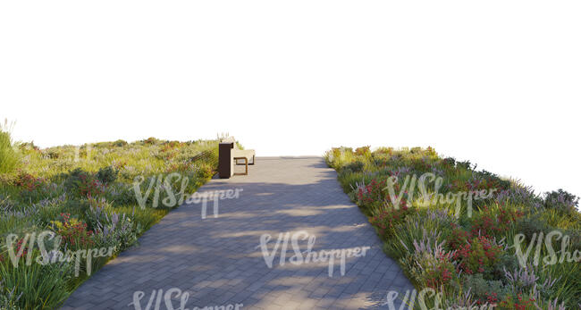 rendering of a foreground with paved road and flowerbeds