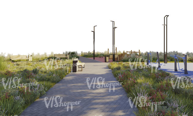 rendered foreground with paved pedestrian road and flowerbeds