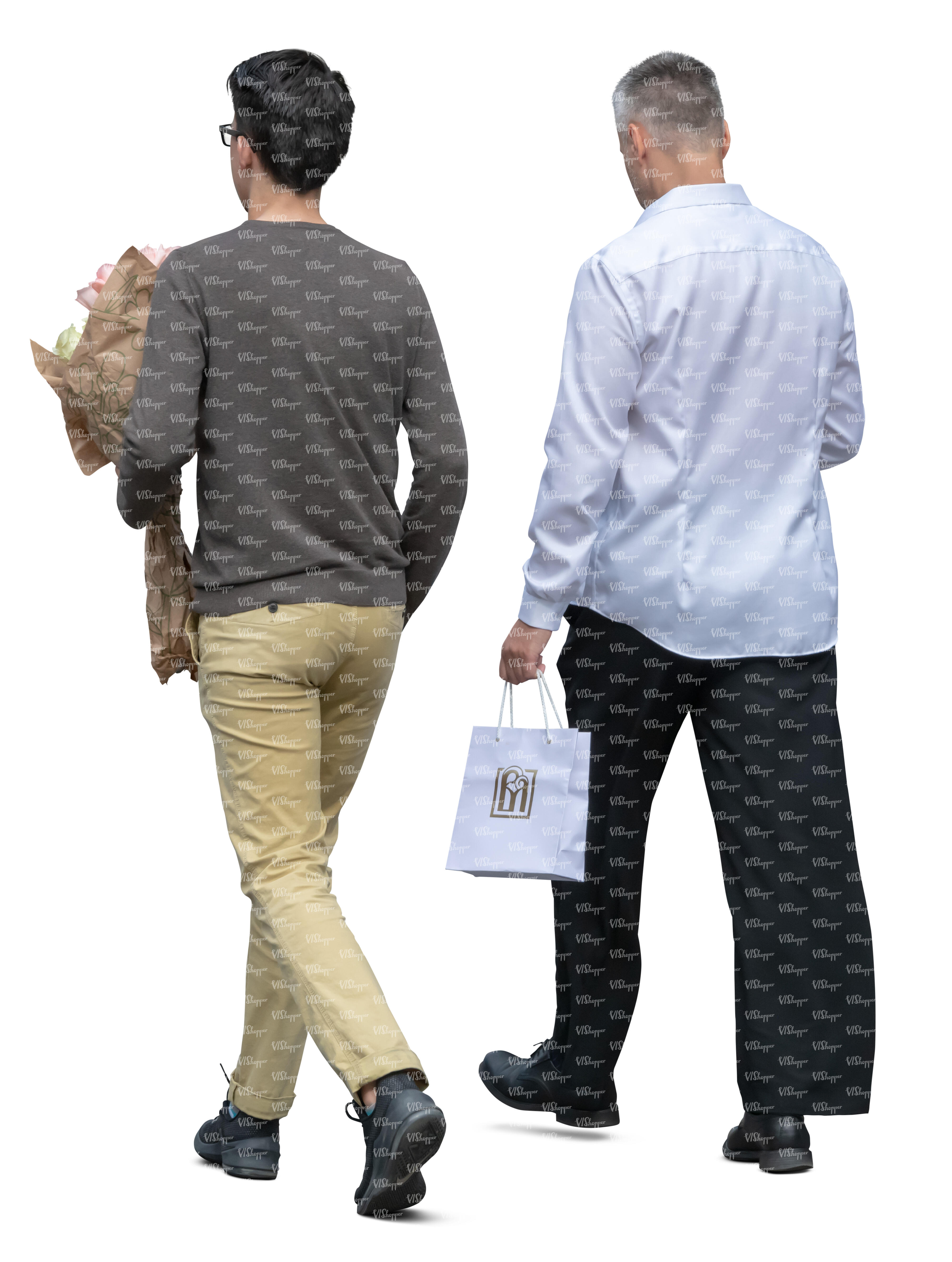two men with flowers and a gift bag walking - VIShopper
