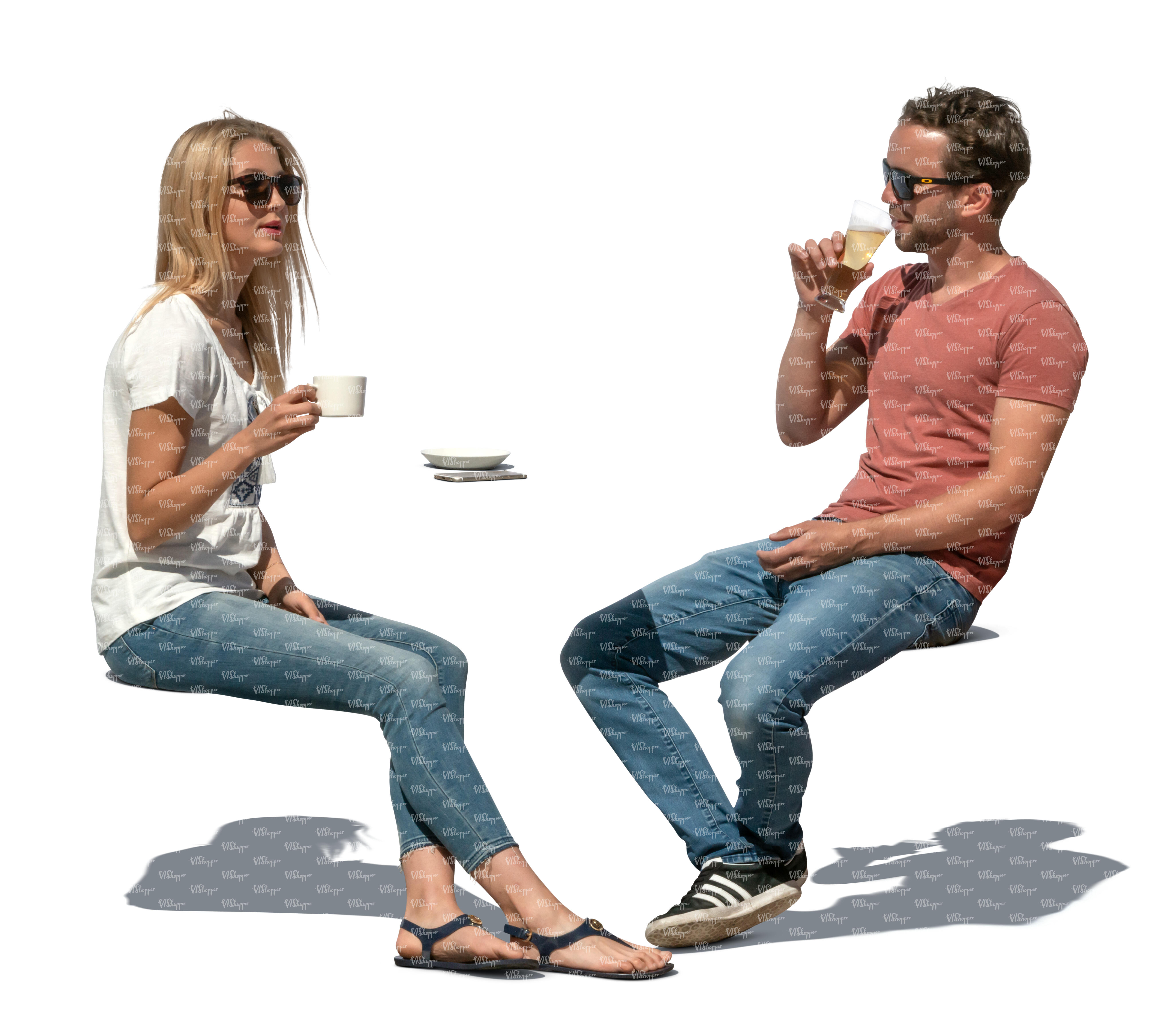 two cut out people sitting in an outdoor cafe on a sunny day - VIShopper