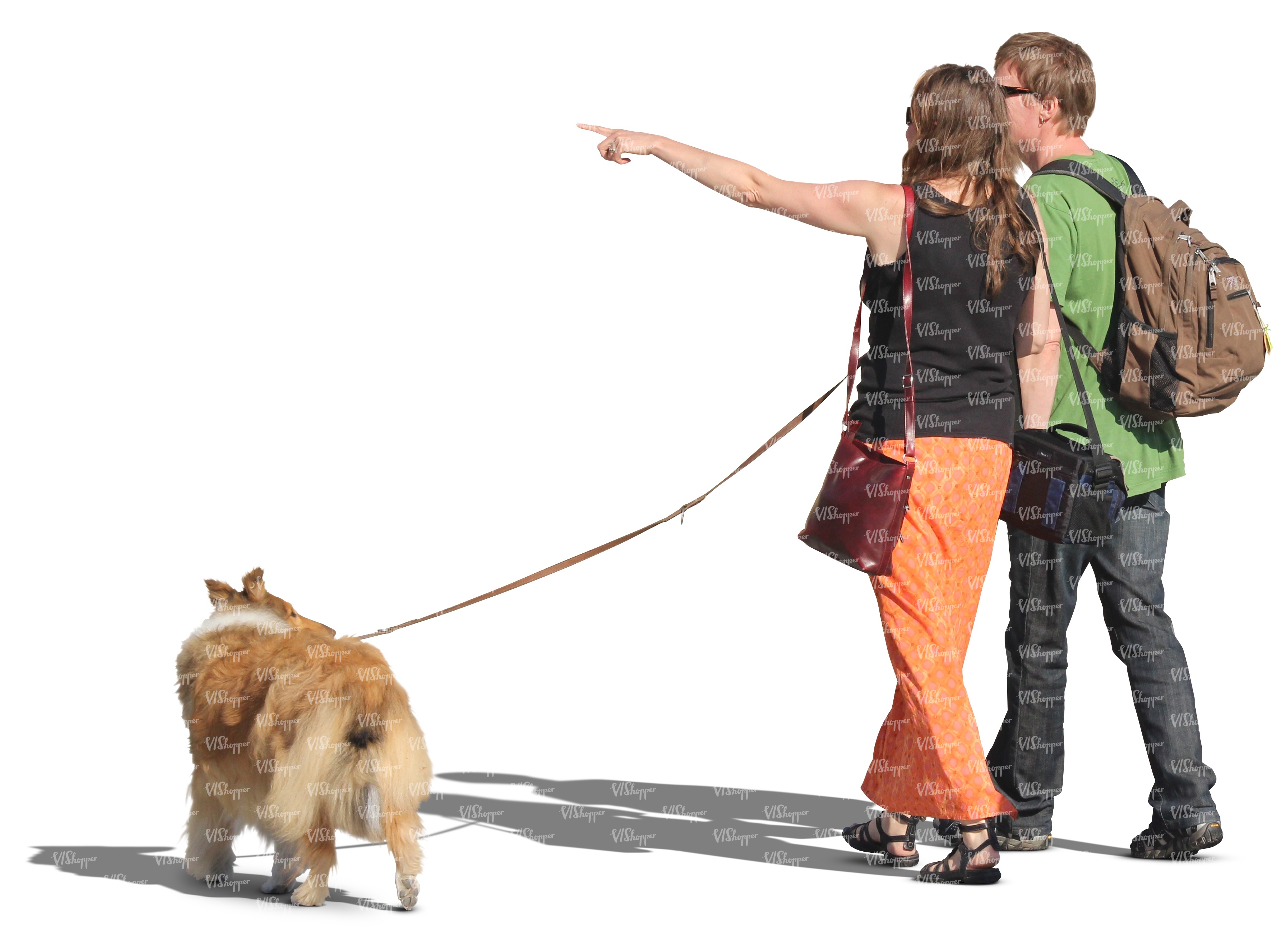 couple walking a dog and pointing at smth - VIShopper