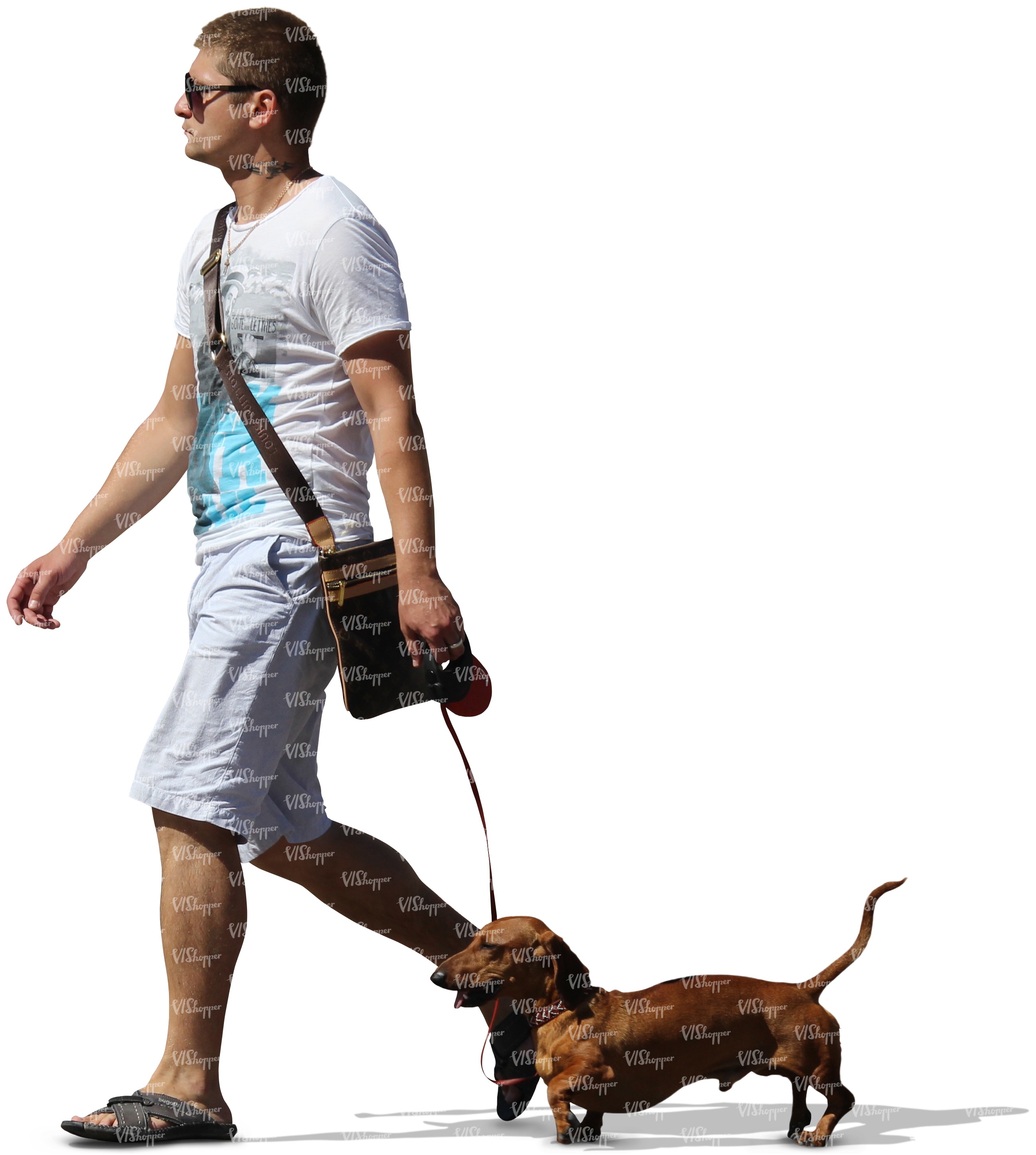 man in white shorts walking a dog - VIShopper
